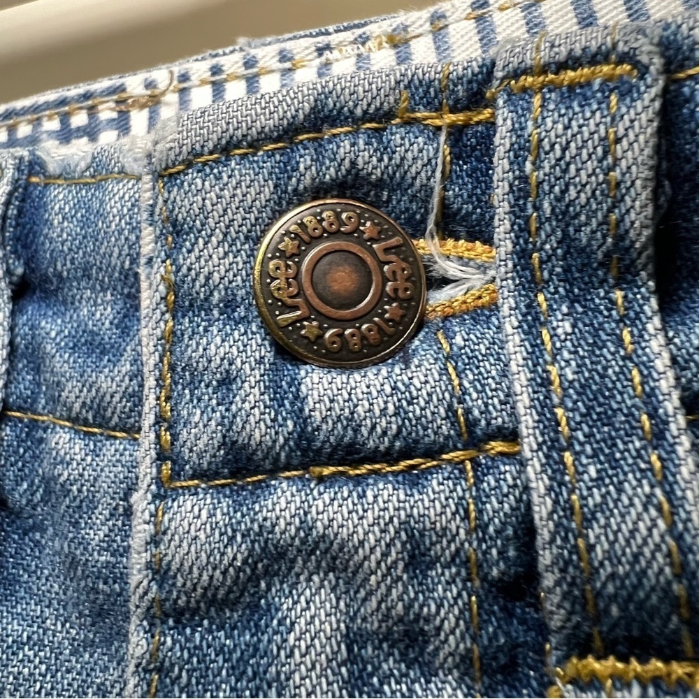VTG Lee Mom Denim Jean Shorts 3 Blue Medium Wash High Waisted Side Elastic - Picture 3 of 9